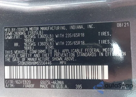 2021 Toyota Highlander Xle из США, поврежденный, VIN 5TDHZRBH8MS556446